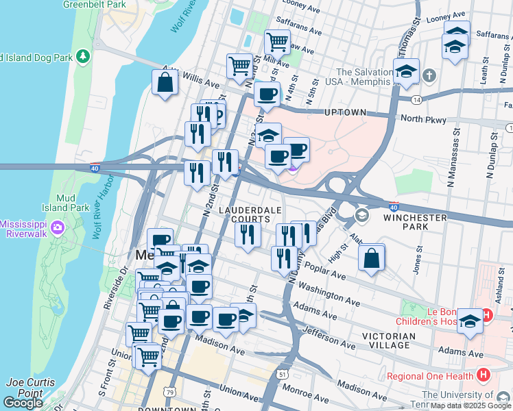 map of restaurants, bars, coffee shops, grocery stores, and more near in Memphis