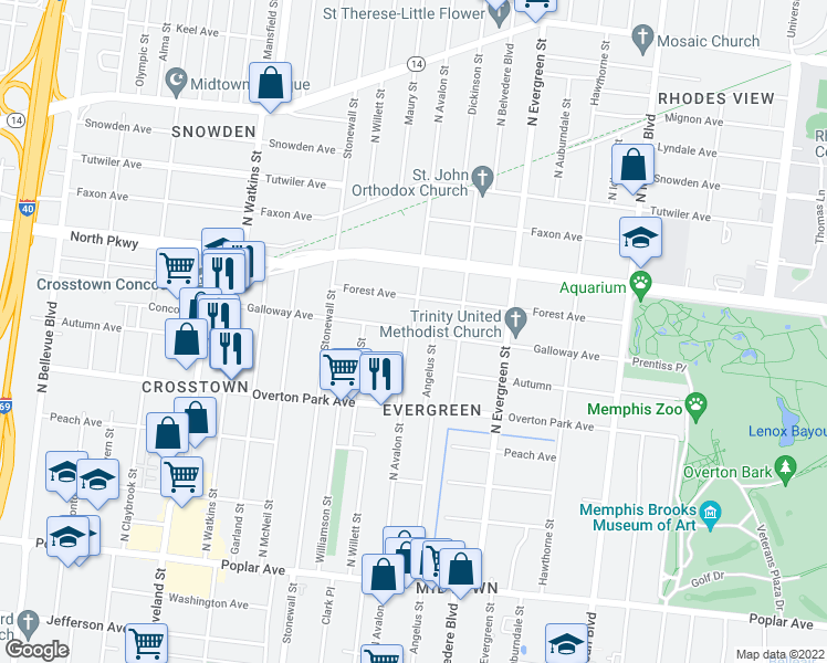 map of restaurants, bars, coffee shops, grocery stores, and more near N Avalon St & Galloway Ave in Memphis