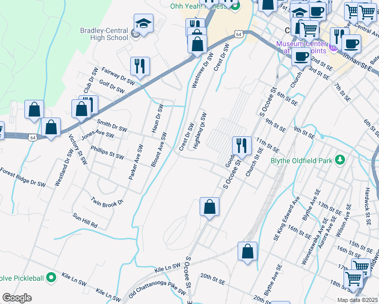 map of restaurants, bars, coffee shops, grocery stores, and more near 621 Highland Dr SW in Cleveland