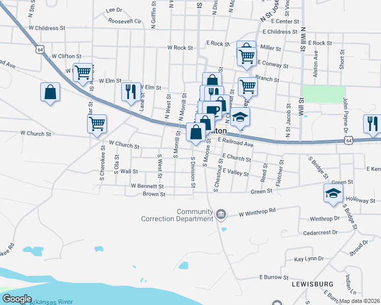 map of restaurants, bars, coffee shops, grocery stores, and more near 101 West Church Street in Morrilton