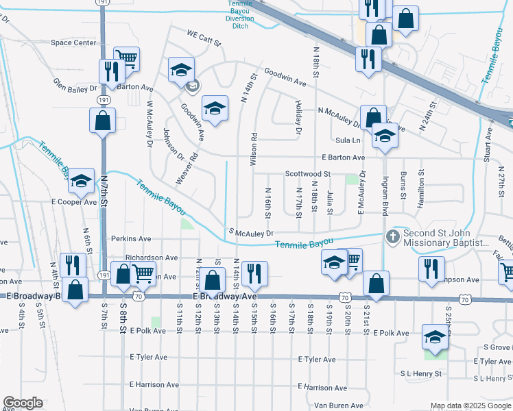 map of restaurants, bars, coffee shops, grocery stores, and more near 513 Wilson Road in West Memphis