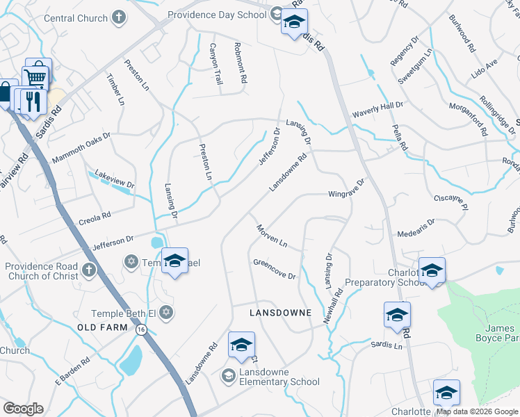 map of restaurants, bars, coffee shops, grocery stores, and more near 427 Lansdowne Road in Charlotte