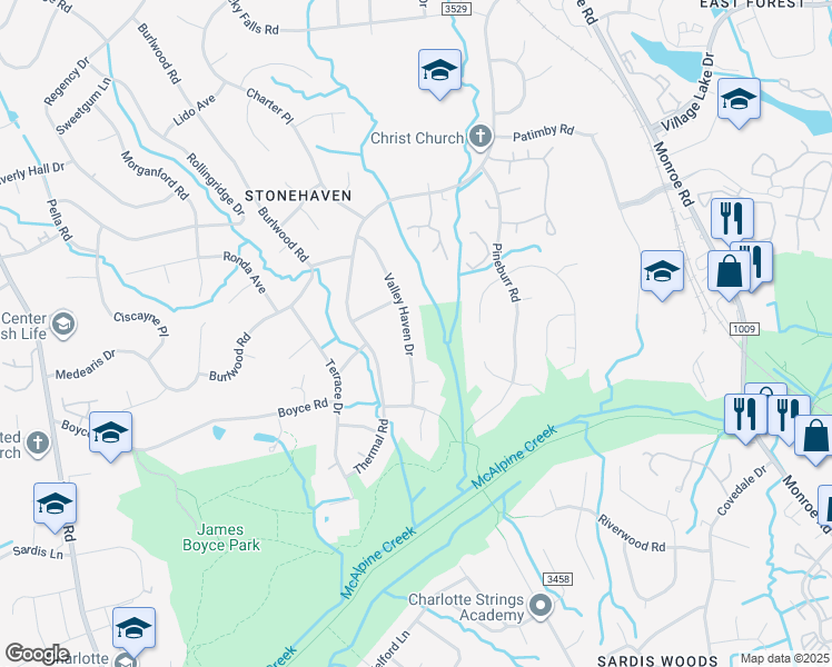 map of restaurants, bars, coffee shops, grocery stores, and more near 7029 Valley Haven Drive in Charlotte