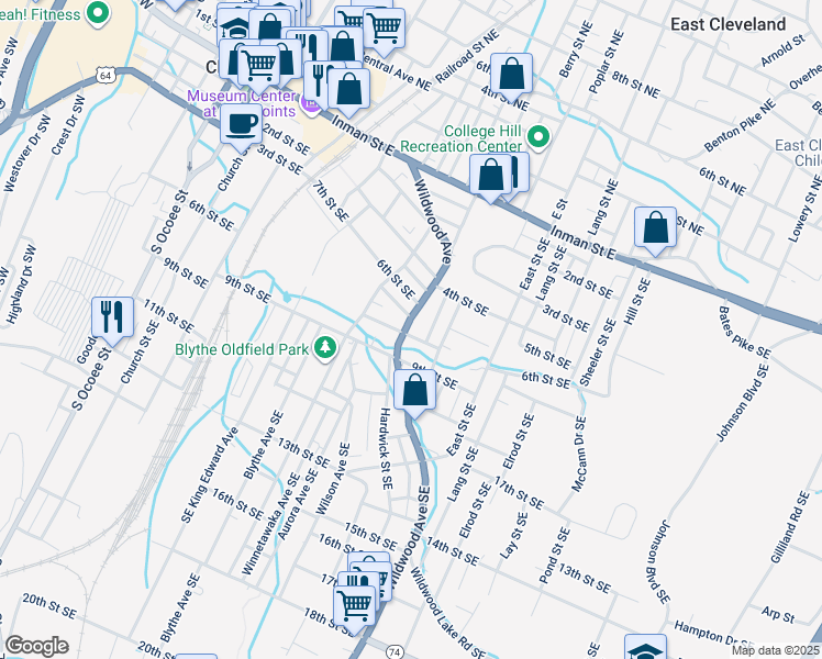 map of restaurants, bars, coffee shops, grocery stores, and more near 745 Wildwood Avenue Southeast in Cleveland