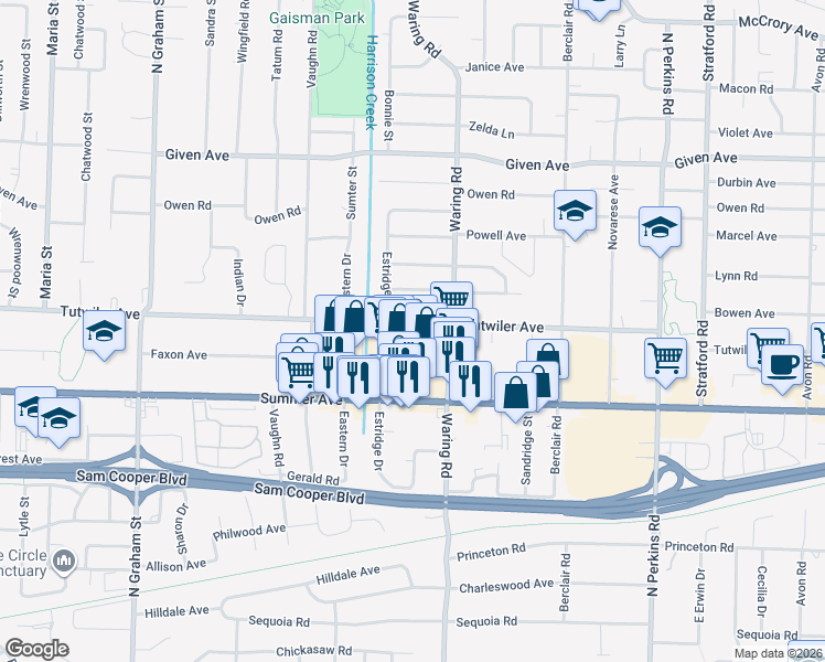 map of restaurants, bars, coffee shops, grocery stores, and more near 4301 Tutwiler Avenue in Memphis