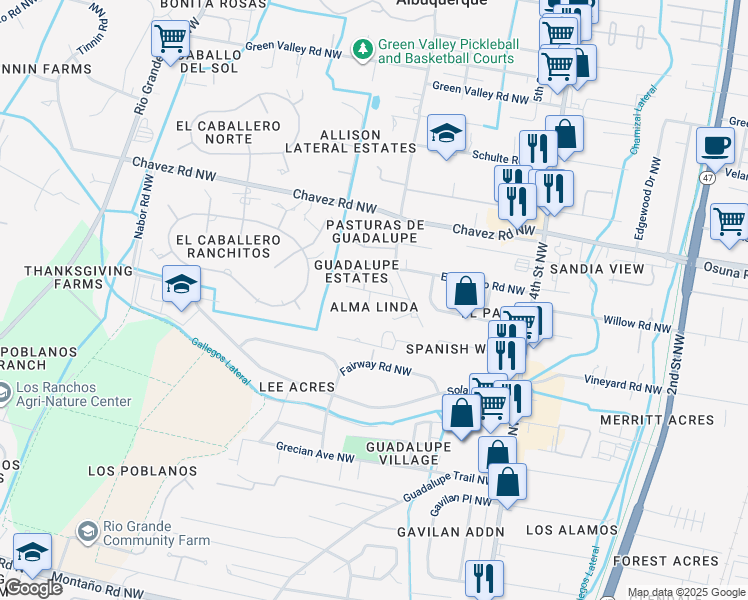 map of restaurants, bars, coffee shops, grocery stores, and more near 720 Mullen Road Northwest in Los Ranchos de Albuquerque