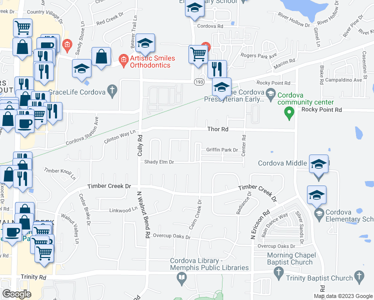 map of restaurants, bars, coffee shops, grocery stores, and more near 953 Bending Pine Lane in Memphis