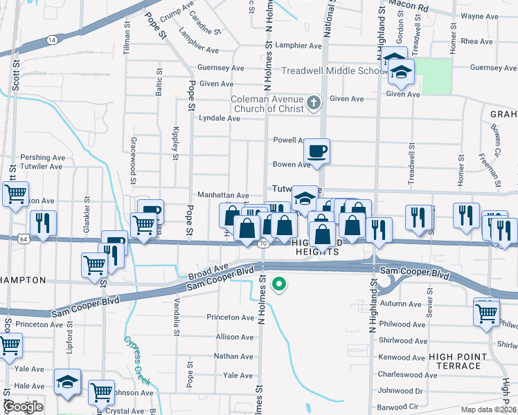 map of restaurants, bars, coffee shops, grocery stores, and more near 688 Atlantic Street in Memphis