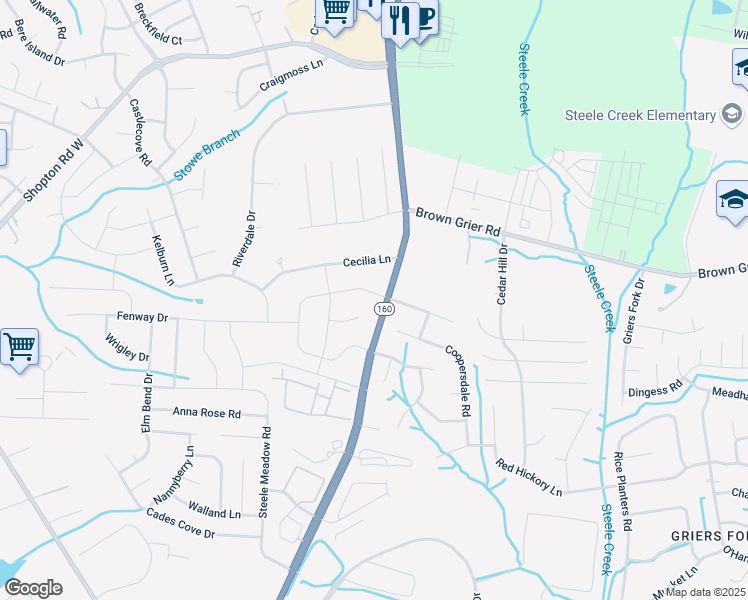 map of restaurants, bars, coffee shops, grocery stores, and more near 4642 Collingham Drive in Charlotte