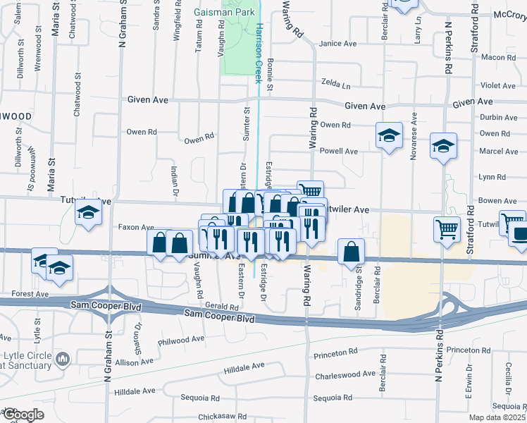 map of restaurants, bars, coffee shops, grocery stores, and more near 4265 Tutwiler Avenue in Memphis