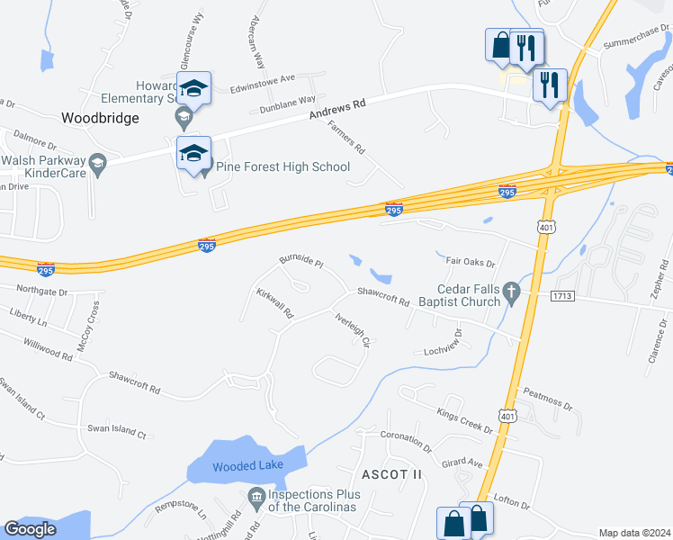 map of restaurants, bars, coffee shops, grocery stores, and more near 6212 Burnside Place in Fayetteville