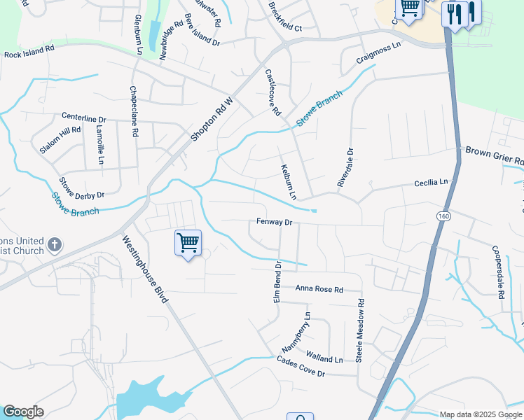 map of restaurants, bars, coffee shops, grocery stores, and more near 5515 Fenway Drive in Charlotte