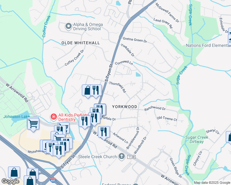 map of restaurants, bars, coffee shops, grocery stores, and more near 2204 Yorkhills Drive in Charlotte