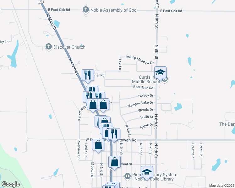map of restaurants, bars, coffee shops, grocery stores, and more near 1114 North 5th Street in Noble