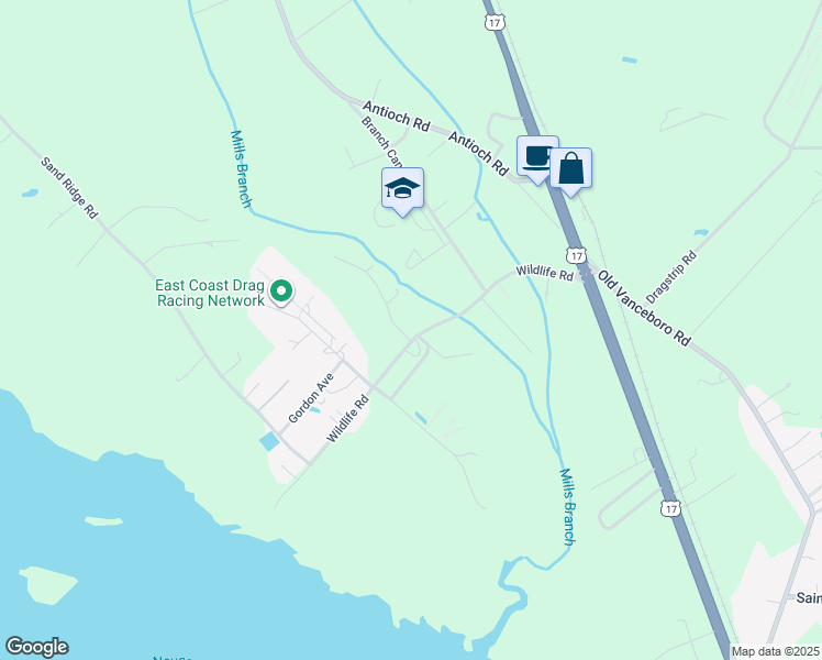 map of restaurants, bars, coffee shops, grocery stores, and more near 201 Pettiford Lane in New Bern