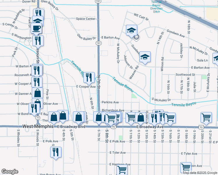 map of restaurants, bars, coffee shops, grocery stores, and more near 509 North 8th Street in West Memphis