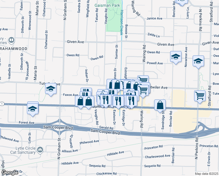 map of restaurants, bars, coffee shops, grocery stores, and more near 4199 Tutwiler Avenue in Memphis
