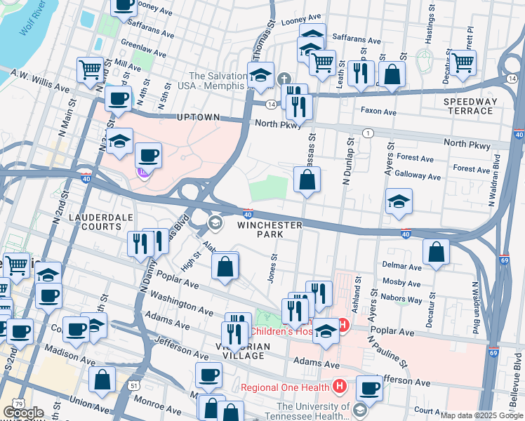 map of restaurants, bars, coffee shops, grocery stores, and more near 679 Concord in Memphis