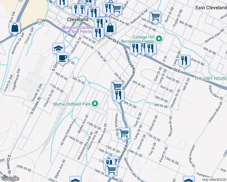 map of restaurants, bars, coffee shops, grocery stores, and more near 9TH Green Shadow Road Southeast in Cleveland