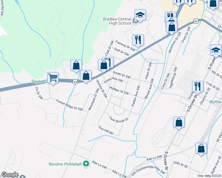 map of restaurants, bars, coffee shops, grocery stores, and more near 1211 Phillips Street Southwest in Cleveland