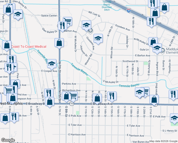 map of restaurants, bars, coffee shops, grocery stores, and more near 1101 South McAuley Drive in West Memphis