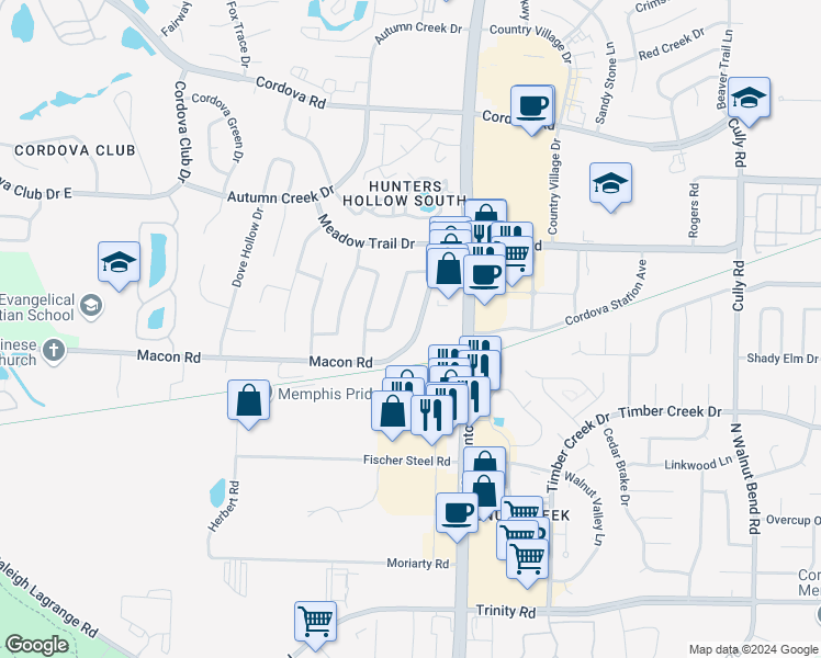 map of restaurants, bars, coffee shops, grocery stores, and more near 7938 Macon Road in Memphis