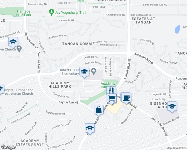 map of restaurants, bars, coffee shops, grocery stores, and more near 9801 Academy Hills Drive Northeast in Albuquerque