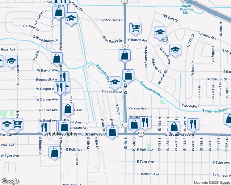 map of restaurants, bars, coffee shops, grocery stores, and more near in West Memphis
