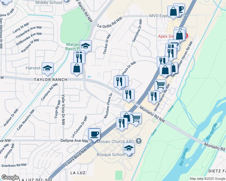 map of restaurants, bars, coffee shops, grocery stores, and more near 6000 Montano Plaza Drive in Albuquerque