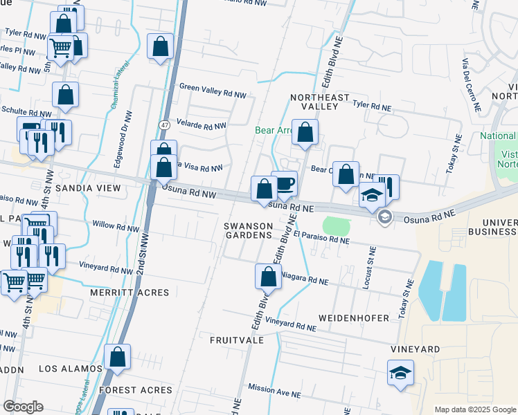 map of restaurants, bars, coffee shops, grocery stores, and more near 3 Osuna Road Northeast in Albuquerque