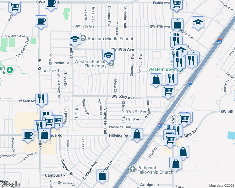 map of restaurants, bars, coffee shops, grocery stores, and more near 5009 Southwest 53rd Avenue in Amarillo