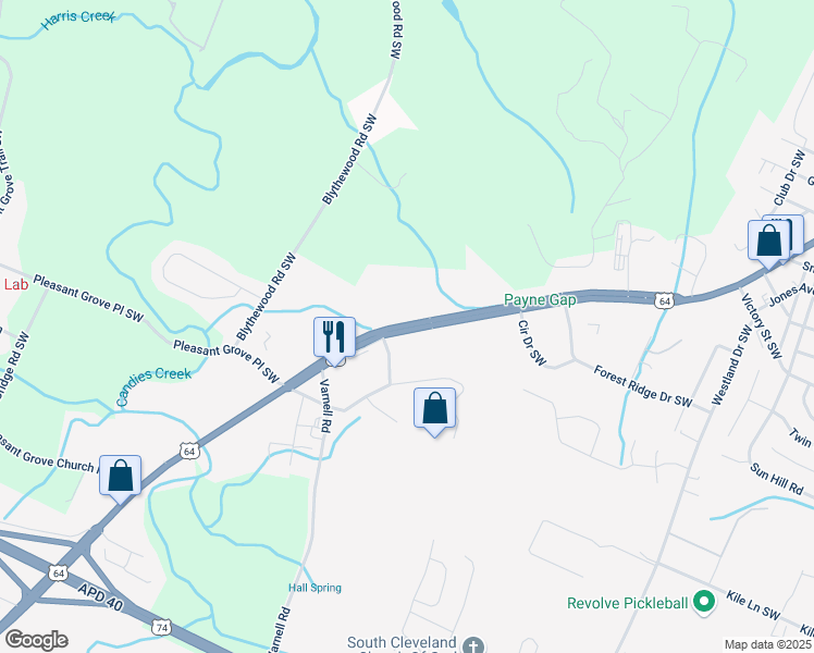 map of restaurants, bars, coffee shops, grocery stores, and more near 2145 South Lee Highway in Cleveland