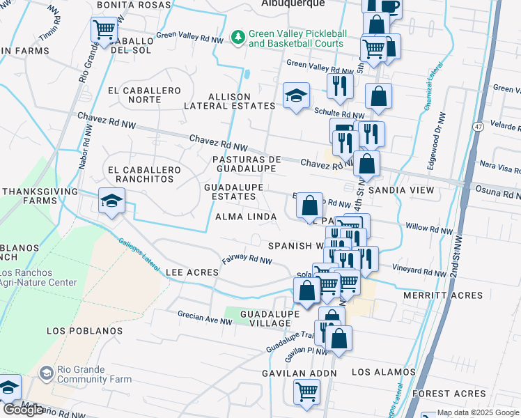 map of restaurants, bars, coffee shops, grocery stores, and more near 720 Mullen Road Northwest in Los Ranchos de Albuquerque