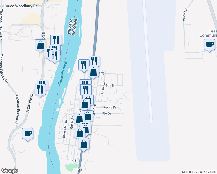 map of restaurants, bars, coffee shops, grocery stores, and more near 192 Palm Ave in Bullhead City