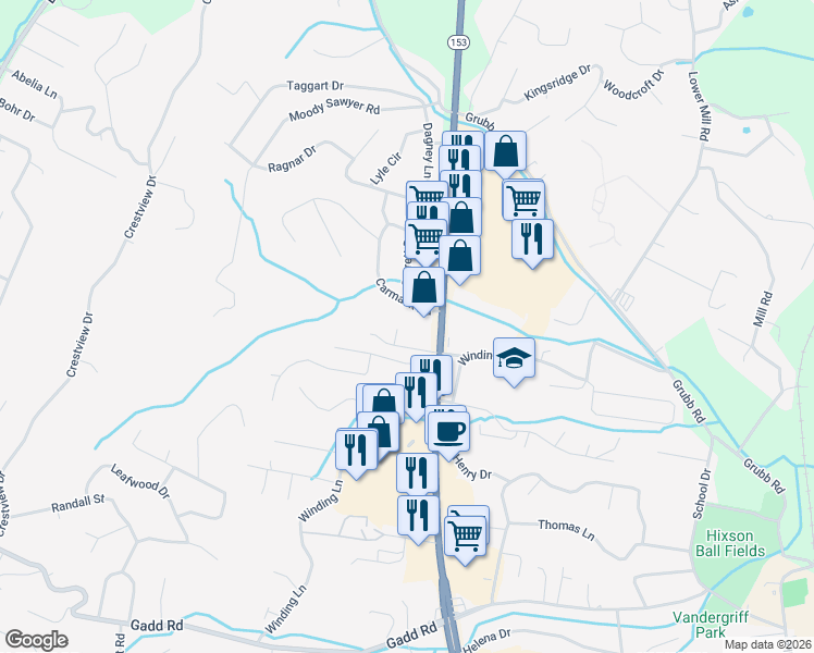 map of restaurants, bars, coffee shops, grocery stores, and more near 112 Oyler Lane in Chattanooga