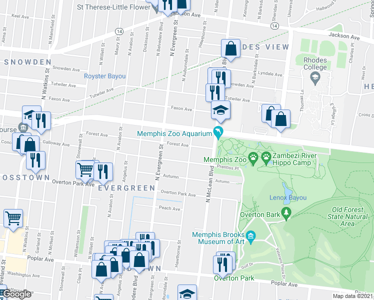map of restaurants, bars, coffee shops, grocery stores, and more near 1774 Galloway Avenue in Memphis