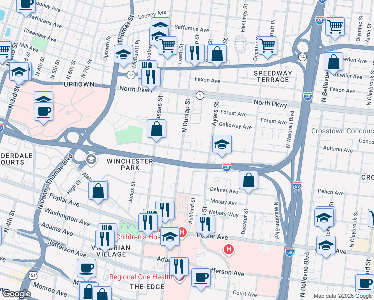 map of restaurants, bars, coffee shops, grocery stores, and more near 843 Lane Avenue in Memphis