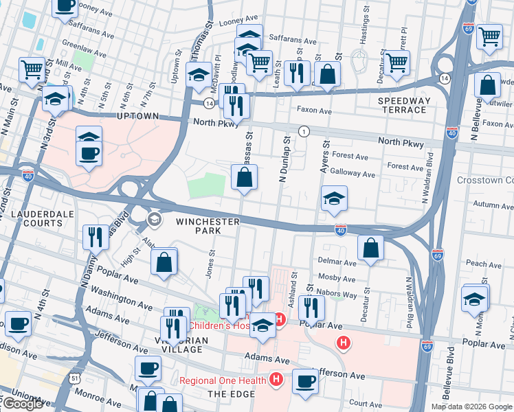 map of restaurants, bars, coffee shops, grocery stores, and more near 382 Leath Street in Memphis