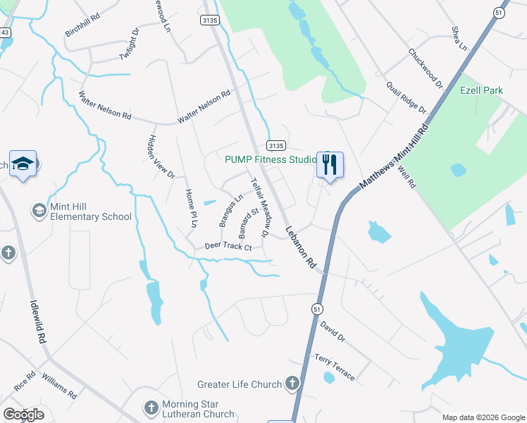 map of restaurants, bars, coffee shops, grocery stores, and more near 12740 Telfair Meadow Drive in Mint Hill