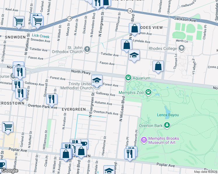 map of restaurants, bars, coffee shops, grocery stores, and more near 1774 Galloway Avenue in Memphis