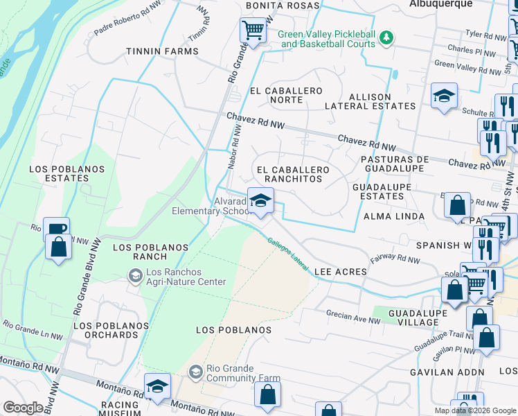 map of restaurants, bars, coffee shops, grocery stores, and more near 1100 Solar Road Northwest in Albuquerque