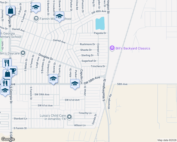 map of restaurants, bars, coffee shops, grocery stores, and more near 5313 Whitney Lane in Amarillo