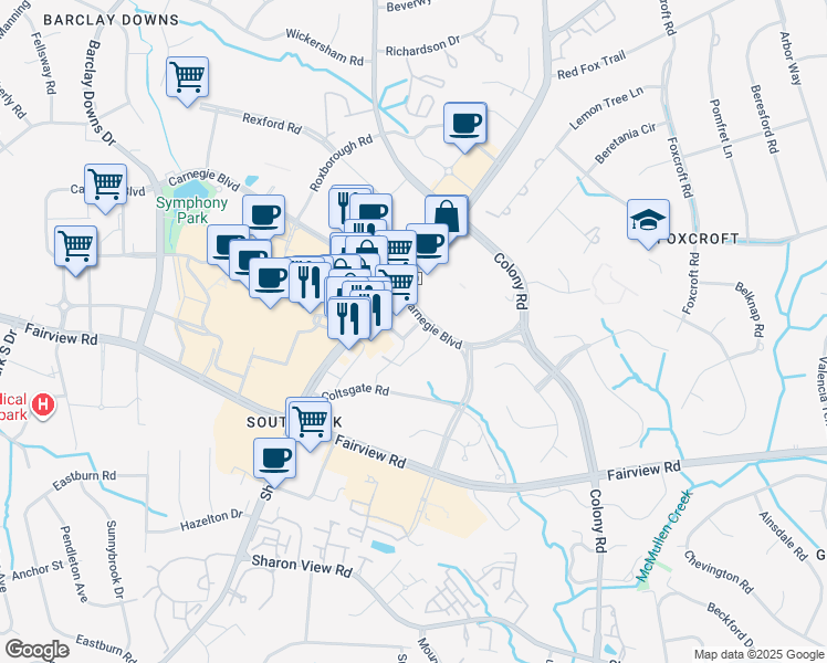 map of restaurants, bars, coffee shops, grocery stores, and more near 4425 Sharon Road in Charlotte