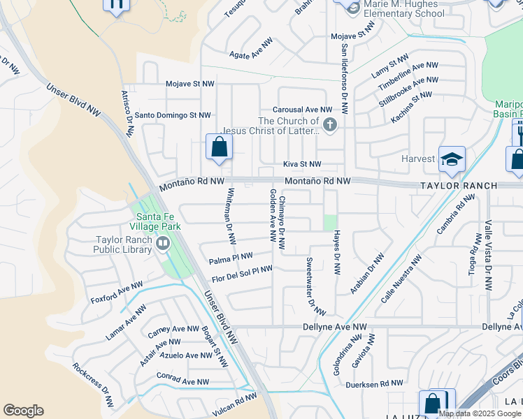 map of restaurants, bars, coffee shops, grocery stores, and more near 6208 Cuesta Place Northwest in Albuquerque