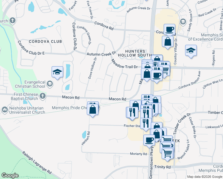 map of restaurants, bars, coffee shops, grocery stores, and more near 944 Grouse Meadow Drive in Memphis