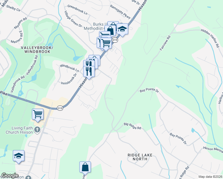 map of restaurants, bars, coffee shops, grocery stores, and more near 6801 Big Ridge Road in Chattanooga
