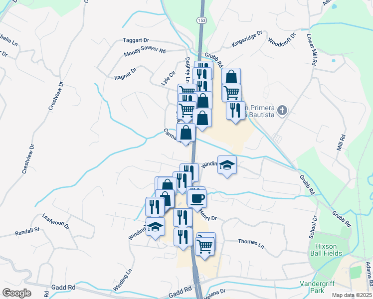 map of restaurants, bars, coffee shops, grocery stores, and more near 5691 Tennessee 153 in Chattanooga