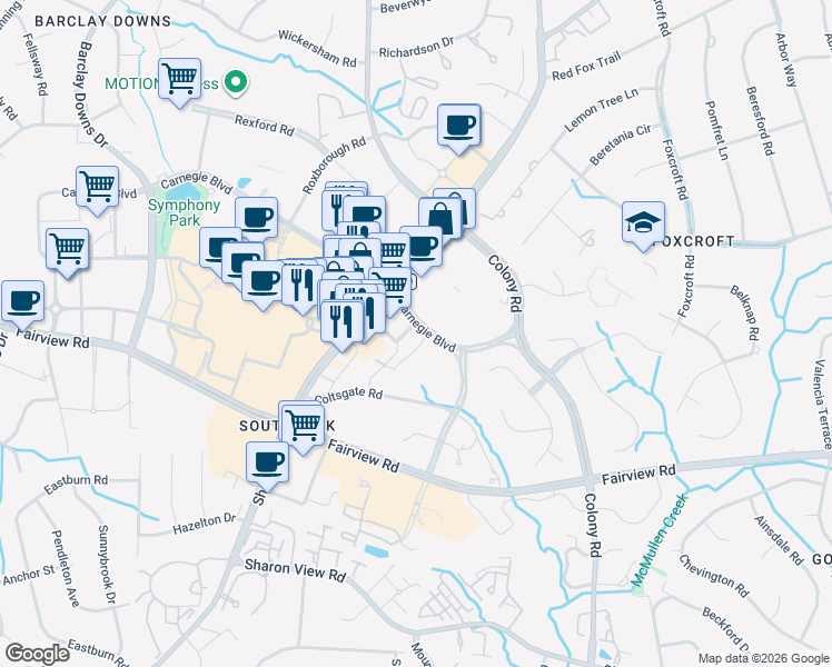 map of restaurants, bars, coffee shops, grocery stores, and more near 4425 Sharon Road in Charlotte