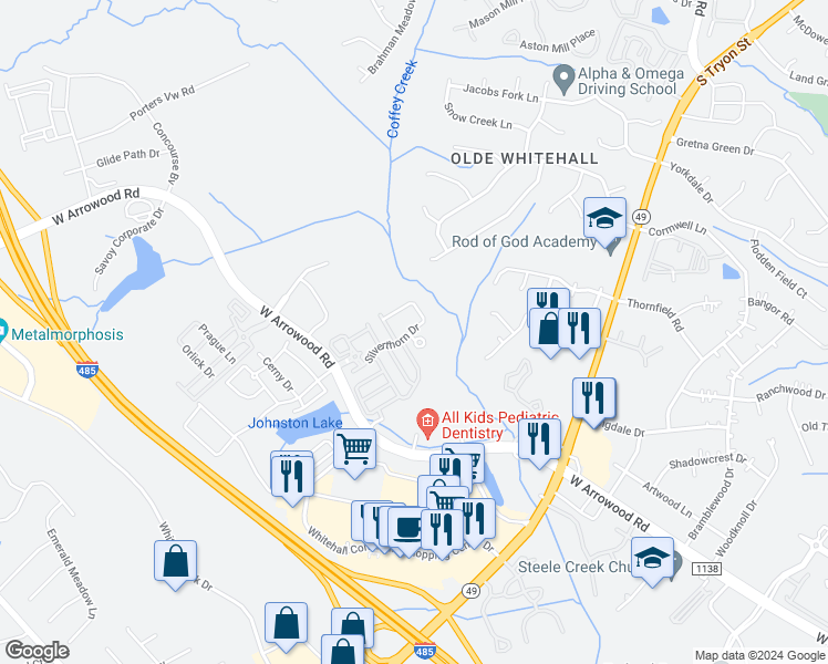 map of restaurants, bars, coffee shops, grocery stores, and more near 2727 Silverthorn Drive in Charlotte