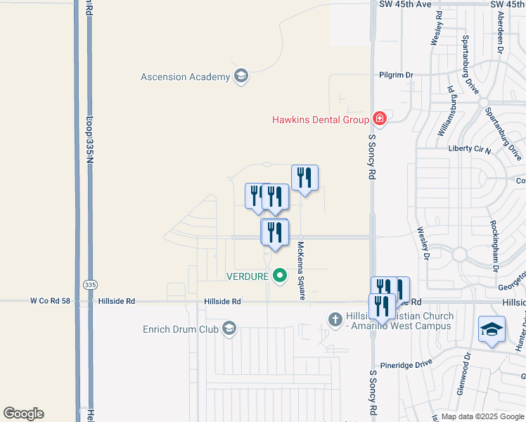 map of restaurants, bars, coffee shops, grocery stores, and more near 1000 Time Square in Amarillo